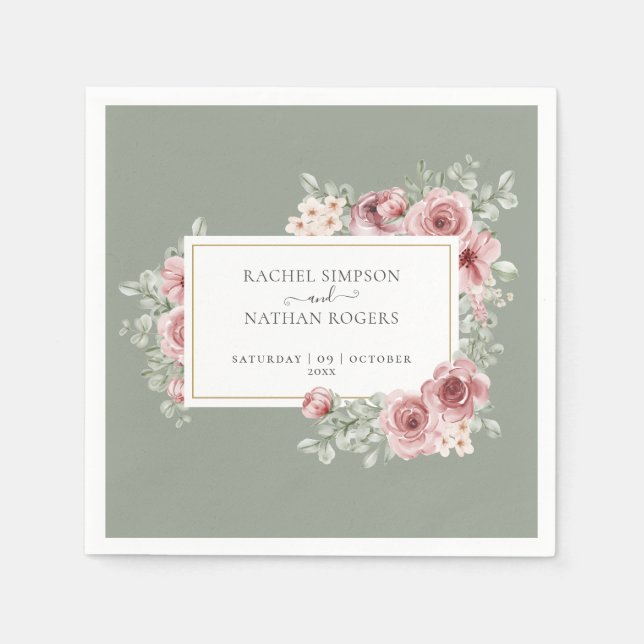 Rose Blumenmagen Grün Elegantes Gold Geometrisches Serviette (Vorderseite)