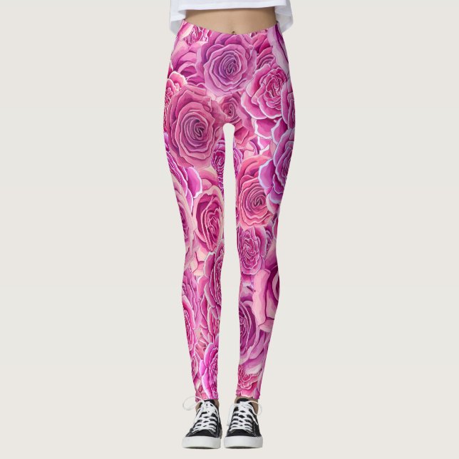 Rose Blumenmuster in Aquarellfarbe Rosa Leggings (Vorderseite)