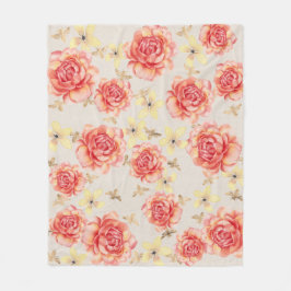 Rose Blumenrosa und Gelb auf Golden Bees Backgring Fleecedecke