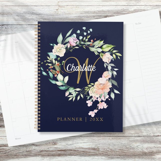 Rose Blumenschrift Monogram Navy Blue Gold Planer (Roses Floral Script Monogram Navy Blue Gold Planner)