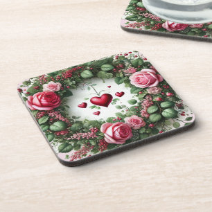 Rose Blumenwein Kranz mit Rotem Herzen Getränkeuntersetzer