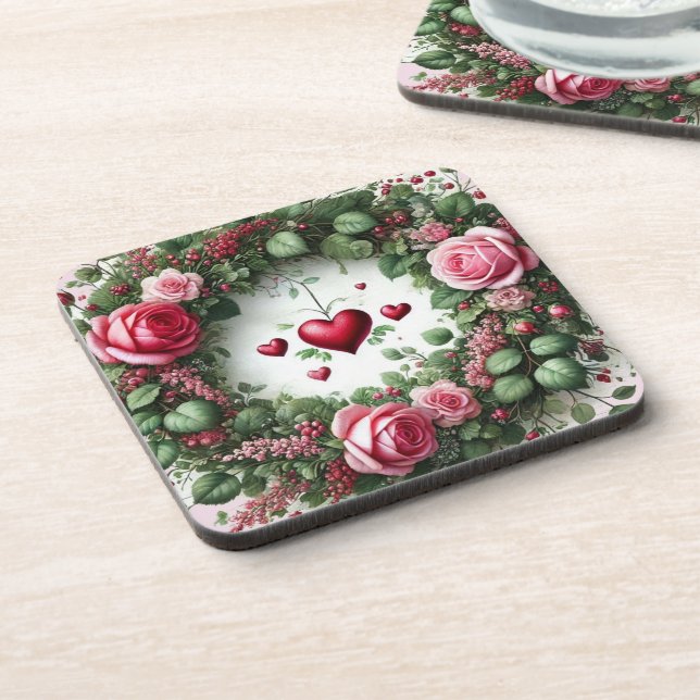 Rose Blumenwein Kranz mit Rotem Herzen Getränkeuntersetzer (Linke Seite)