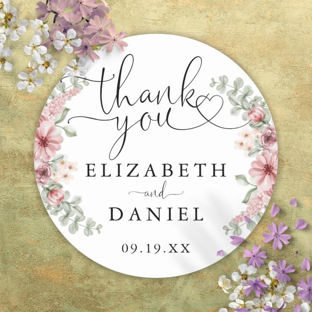 Rose Bluorheart Script Danke Gastgeschenk Hochzeit Runder Aufkleber (Roses Floral Heart Script Thank You Wedding Favor Classic Round Sticker)