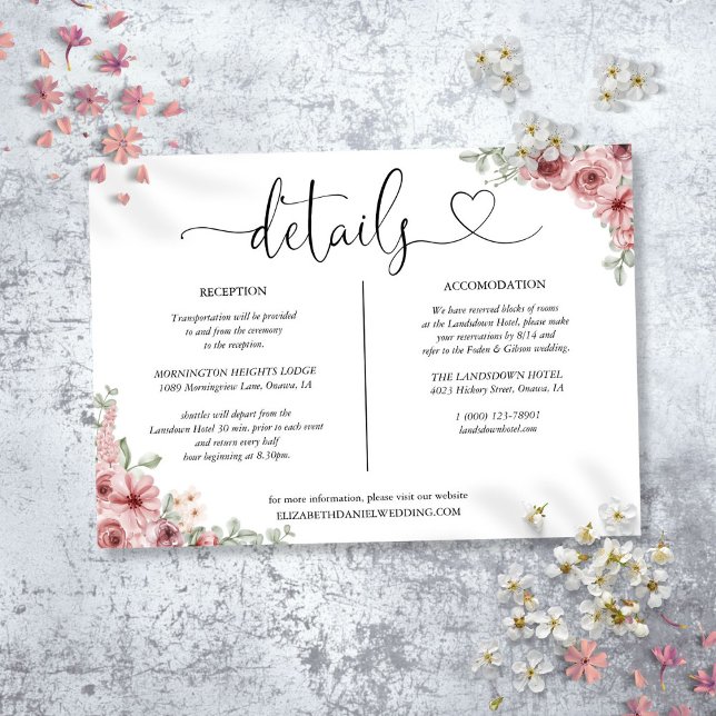 Rose Bluorheft-Skriptdetails-Karte Einladung (Roses Floral Heart Script Details Information Card)