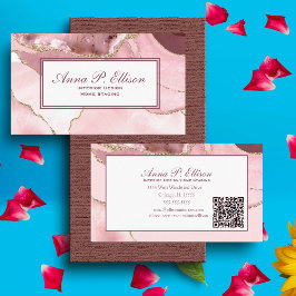 Rose Blush & Gold Glitzer Agate QR Code Visitenkarte
