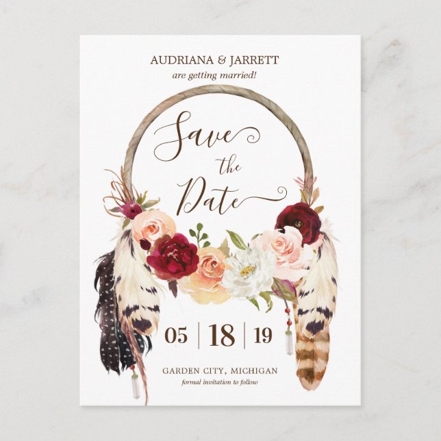 Rose Blush & Peach Dreamcatcher Boho Save the Date Postkarte (Vorderseite)