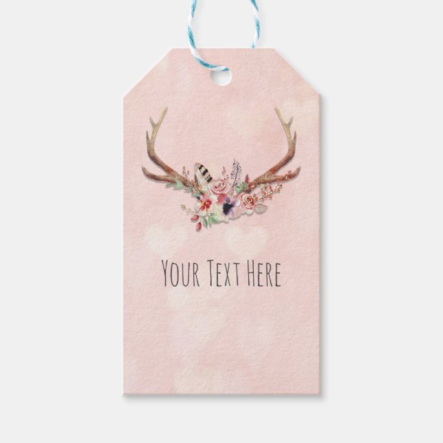 Rose Blush Pink Blumentauber Antlers Boho Chic Geschenkanhänger (Vorderseite)