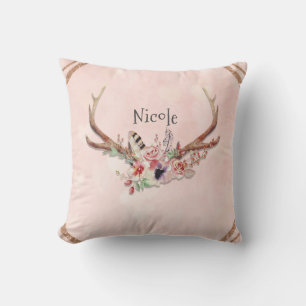 Rose Blush Pink Florale Hirschgeweihe Boho Chic Kissen