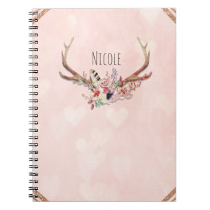 Rose Blush Pink Florale Hirschgeweihe Boho Chic Notizblock