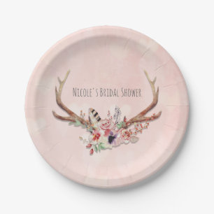 Rose Blush Pink Florale Hirschgeweihe Boho Chic Pappteller