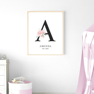 Rose Blush Pink Letter 'A' Nursery Name Wall Art Poster