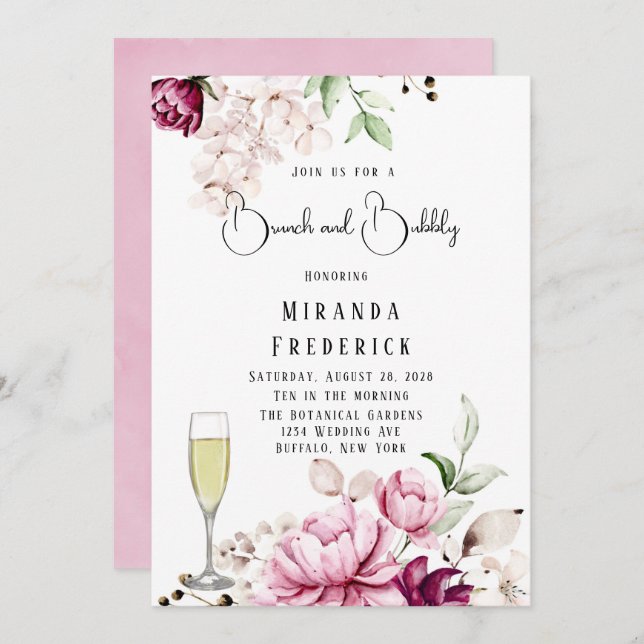 Rose & Blush Pink Paint Peony Brunch & Bubbly Einladung (Vorne/Hinten)