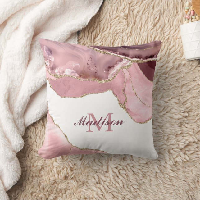Rose Blush und Gold Glitzer Agate Monogramm Kissen (Decke)