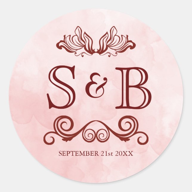 Rose Blush Watercolor Wedding Monogram Runder Aufkleber (Vorderseite)