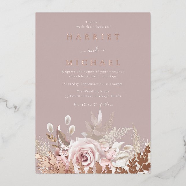 Rose Boho Blumenrahmen Hochzeit Real Folieneinladung (Vorderseite)