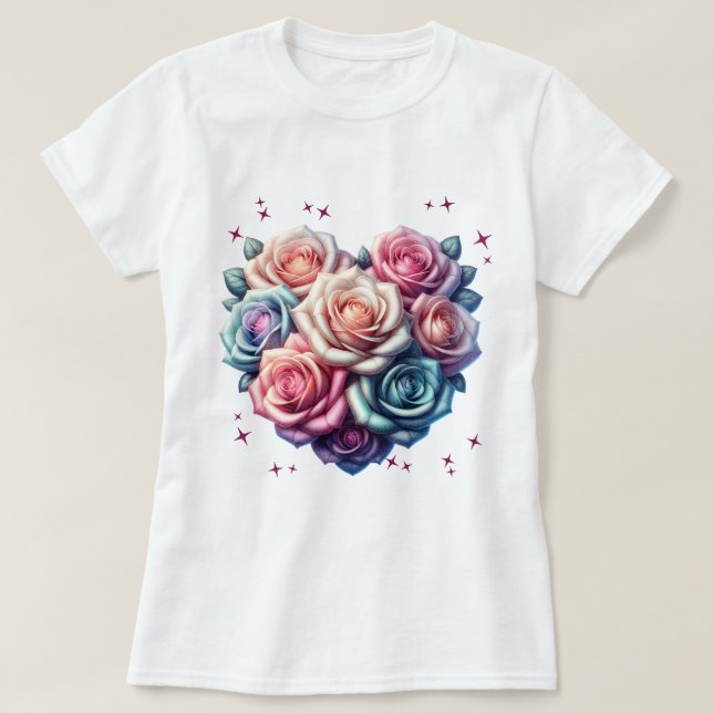 Rose Bouquet Illustration in Herzform T-Shirt (Design vorne)