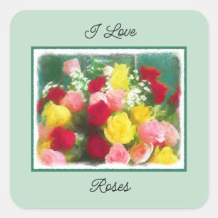 Rose Bouquet Malerei - Niedliche Original Blume Ku Quadratischer Aufkleber