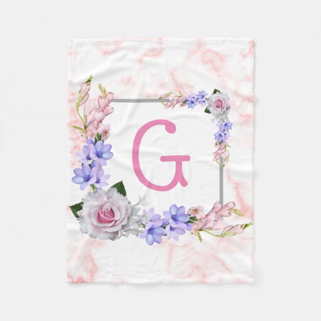 Rose Bouquet Pink Monogram Fleecedecke (Vorderseite)