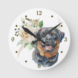 Rose Bouquet Rottweiler Hund Runde Wanduhr