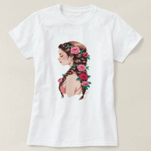 Rose Braided Hair Floral T-Shirt für Frauen