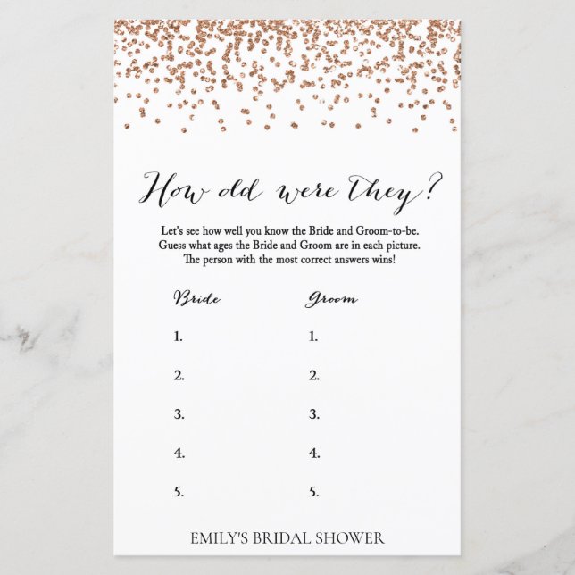 Rose Brautparty Game - Wie alt waren sie dabei? (Vorderseite)