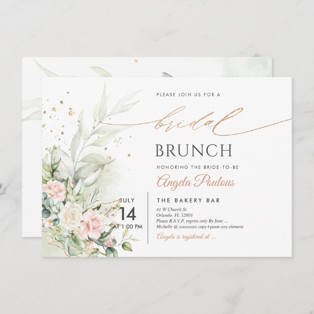 Rose Bridal Brunch Wasserfarbe Creme Einladung (Vorne/Hinten)