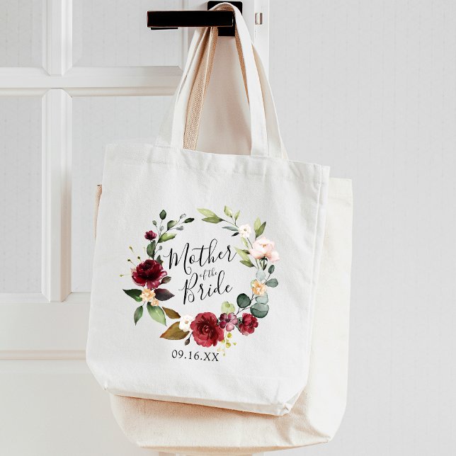 Rose Burgund Blumenreath Mutter der Braut Tragetasche (Rose Burgundy Floral Wreath Mother of the Bride Tote Bag)