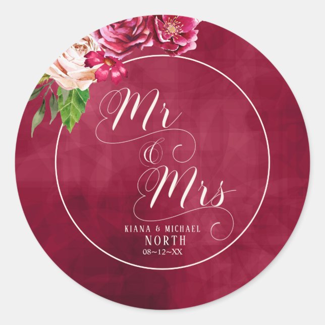 Rose Burgund/Cream Wedding Mr. und Mrs. ID584 Runder Aufkleber (Vorderseite)