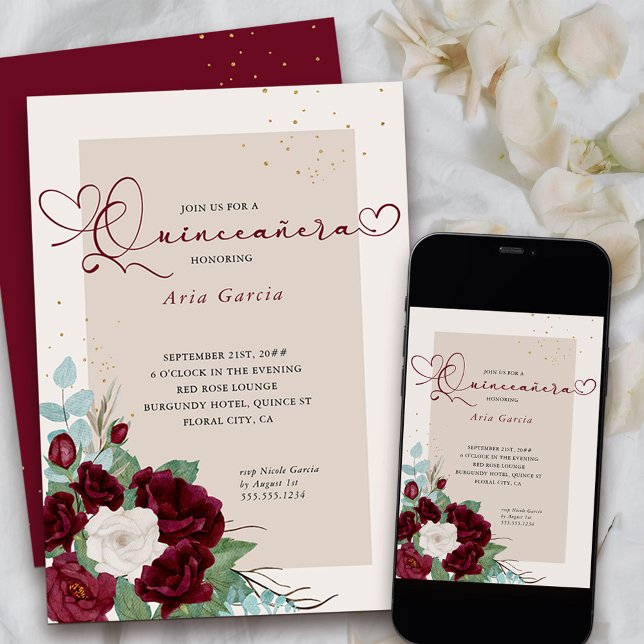 Rose Burgund Rot und Elfenbeinküste Elegantes Quin Einladung (Quinceanera Invitation from my Royal Roses collection
)