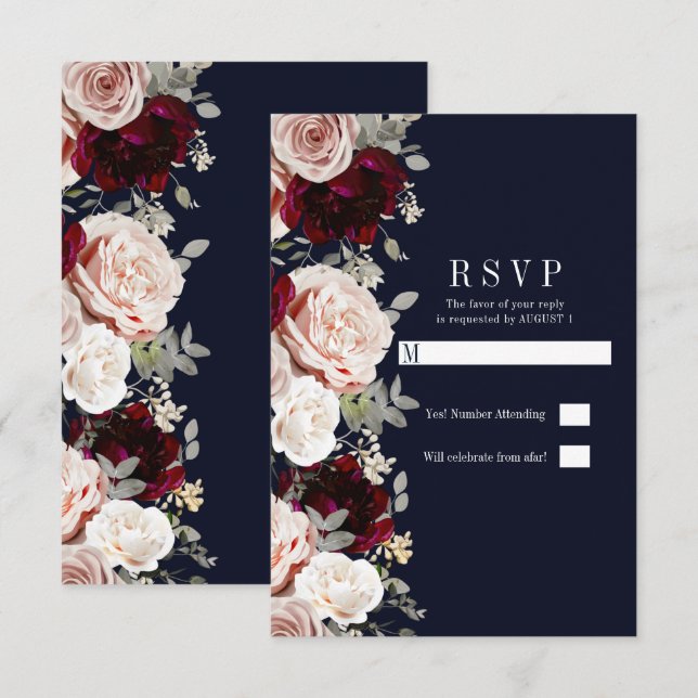 Rose Burgundy Bloral Wedding RSVP Einladung (Vorne/Hinten)
