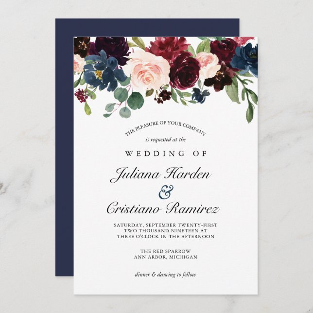 Rose Burgundy Floral Wedding Einladung (Vorne/Hinten)