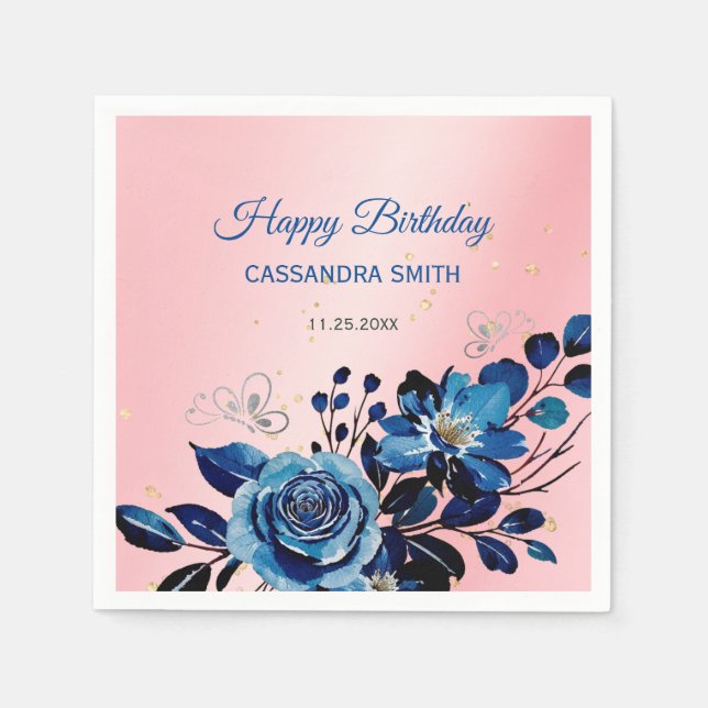 Rose Butterfly Gold Glitzer Rosa Geburtstag Serviette (Vorderseite)