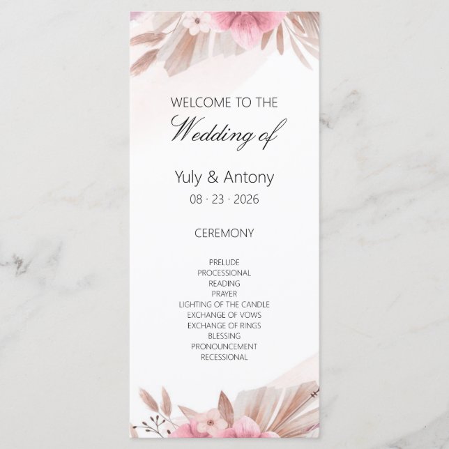 Rose-Champagner-Boho-Hochzeitsprogrammkarte (Vorderseite)