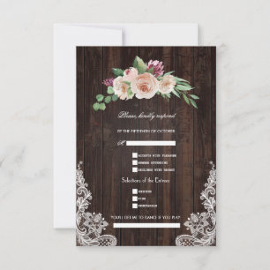 Rosé Champagner Florale Holzspitze Hochzeit RSVP Karte
