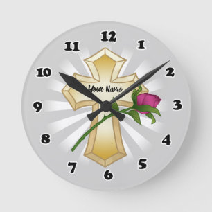 Rose Christliches Kreuz Runde Wanduhr