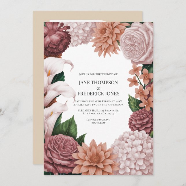 Rosé Clay, Terra Pink & Peony Smoke Floral Wedding Einladung (Vorne/Hinten)