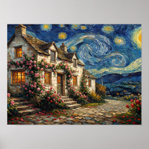 Rose Cottage Wirbelnder Nachthimmel Gemälde Poster