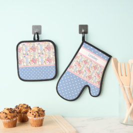 Rose der antiken Hütte | Blaues und weißes Herz Ofenhandschuh & Topflappen-Set