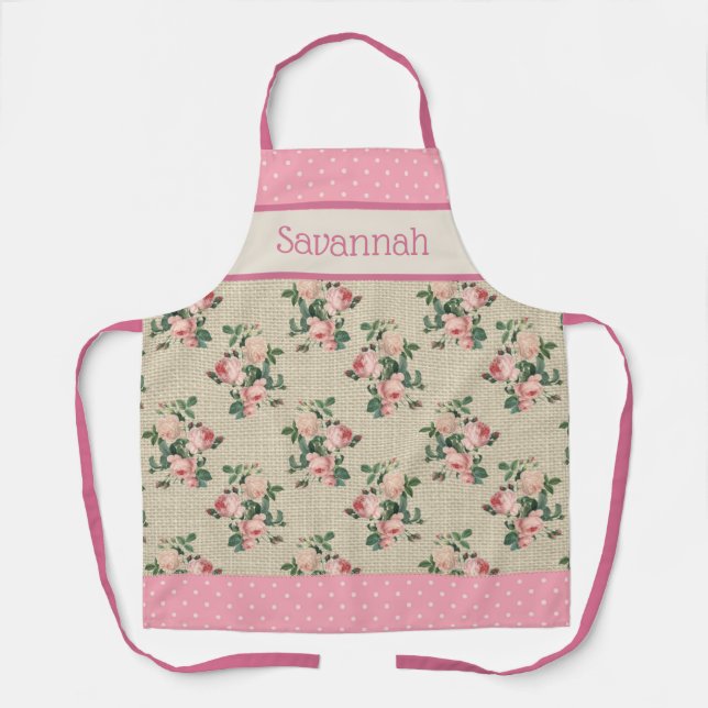 Rose der antiken Hütte | Rosa und weiße Polka-Punk Schürze (Vorderseite)