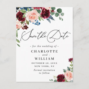 Rose der Burgundy Blush Navy Hochzeit speichern da Postkarte