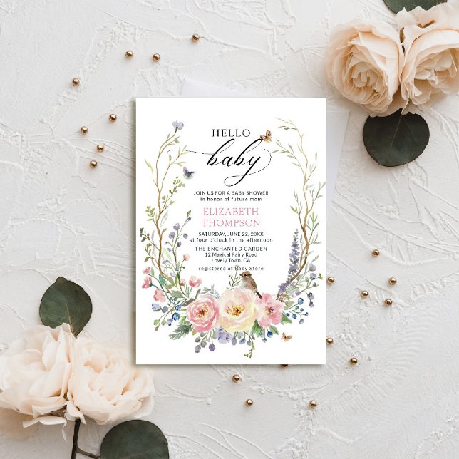 Rose der entzückten Garden Wildblume Bird Baby Dus Einladung (enchanted garden baby shower invitation woodland forest bird butterfly spring summer whimsical roses)