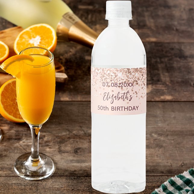 Rose der Geburtstagsfeier Goldrot-Glitzern Wasserflaschenetikett (Von Creator hochgeladen)