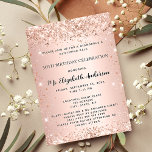 Rose der Geburtstagsparty Einladungspostkarte<br><div class="desc">Für eine elegante 50. Geburtstagsfeier (oder jedes Alter). Eine Rose Gold Imitate metallisch aussehend Hintergrund. Dekoriert mit Rose Gold Imitat Glitzer. Personalisieren und fügen Sie einen Namen und Party-Details hinzu. Der Name wird mit einem handgeschriebenen Stilskript geschrieben</div>
