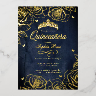 Rose der Navy-Gold-Kronen-Thema Quinceanera Folieneinladung