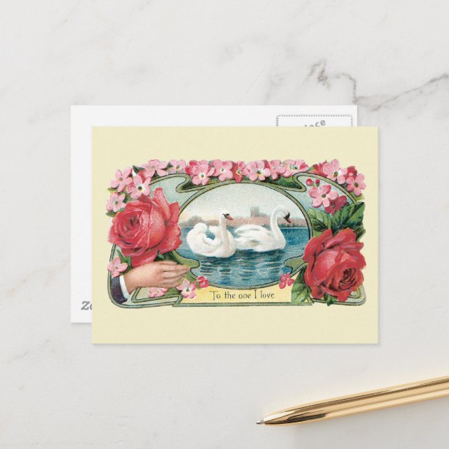Rose der viktorianischen Freundschaft und Swans Po Postkarte (Vorderseite/Rückseite Beispiel)