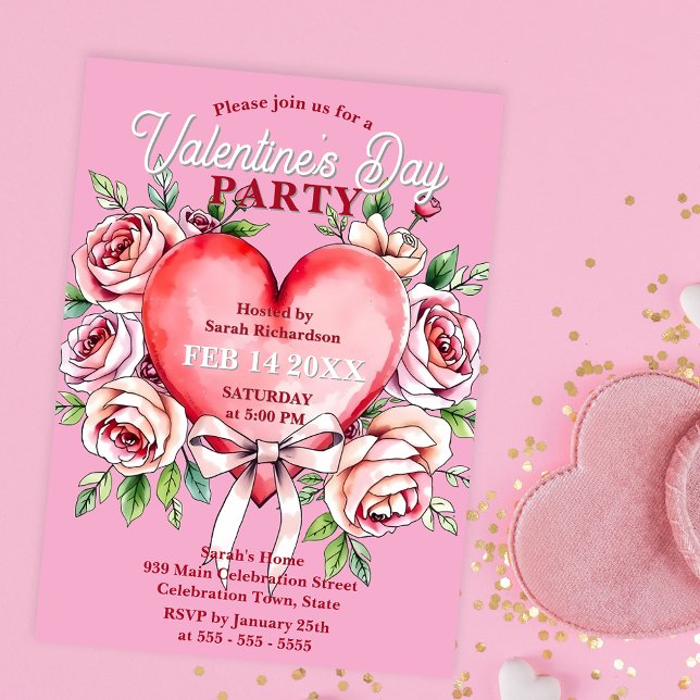 Rose der Wasserfarbe und Party des Herzvalentiner  Einladung (Von Creator hochgeladen)