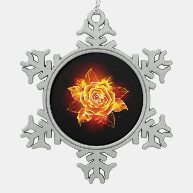 Rose des blühenden Feuers Schneeflocken Zinn-Ornament (Vorderseite)