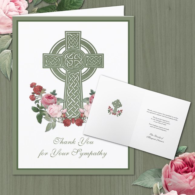 Rose des katholischen Kelten Dankeskarte (Beautiful Moss Green Irish Celtic Cross with pink and red roses Condolence thank you cards)