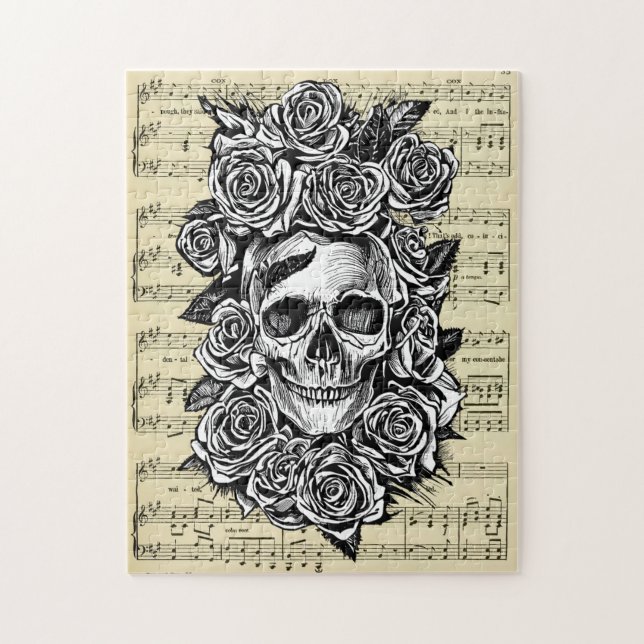 Rose des menschlichen Schädels Goth Biker Art Illu Puzzle (Vertikal)