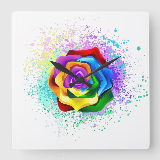 Rose des Regenbogens Quadratische Wanduhr (Vorderseite)